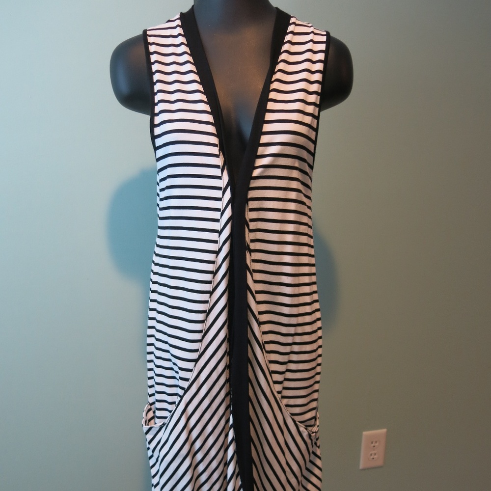 Chico's Black & White Striped Long Duster Vest